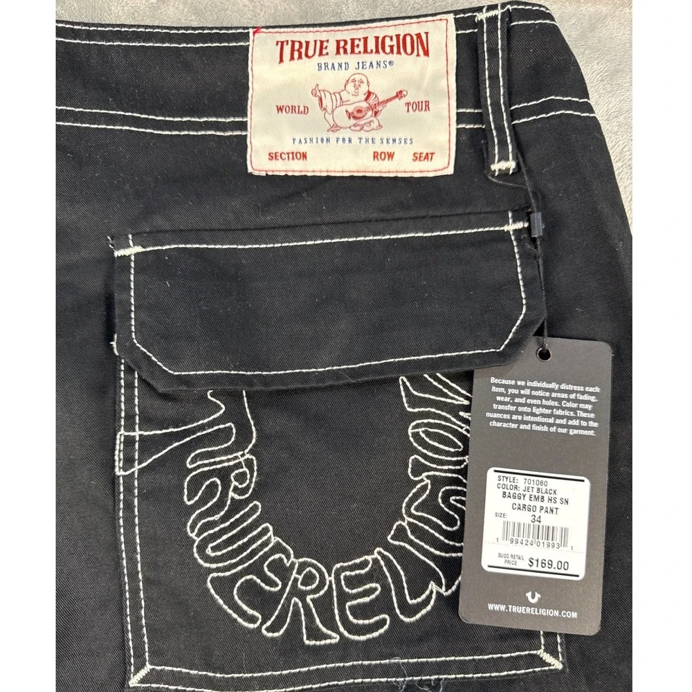 True Religion Cargo Pants Mens 34 Baggy EMB HS SN Jet Black Contrast Stitch NEW